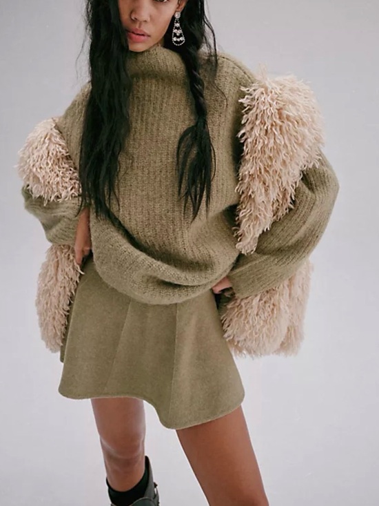 Free People Sweaters - Cuddle me set Cozy Olive Knit Sweater & Skirt Set with Cream Shag Accent